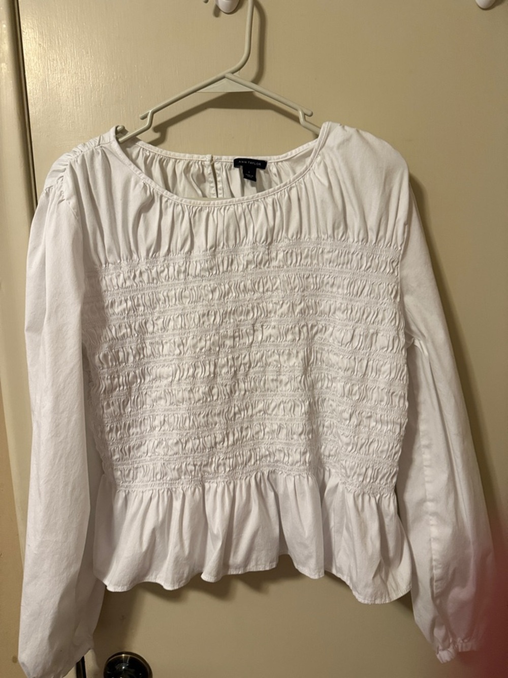 Ann Taylor White Smocked Peplum Long-Sleeve Blouse. So nice!!  Size L. $20